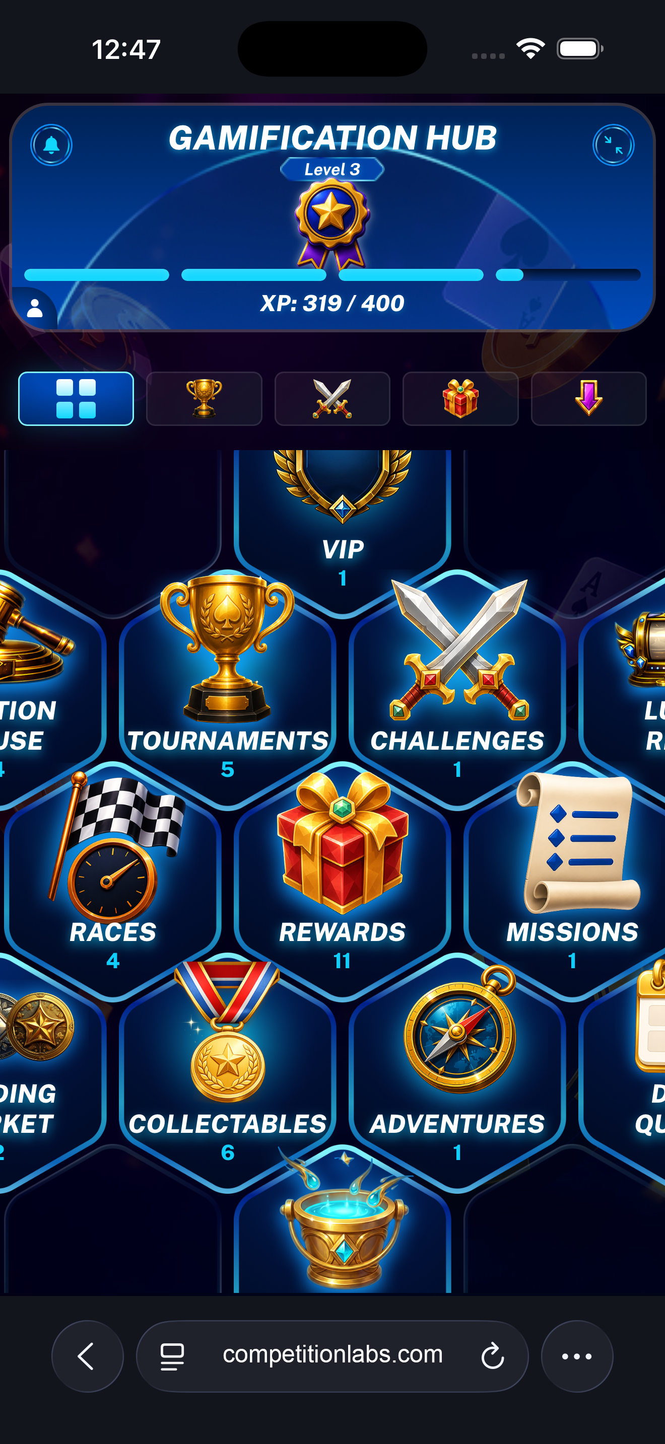 Promotion categories displayed in the CompetitionLabs mobile widget